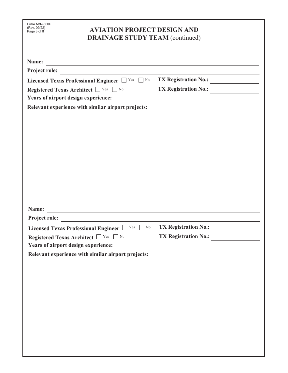 Form AVN-550D Qualifications for Aviation Professional Architectural / Engineering and Drainage Study Services - Texas, Page 3