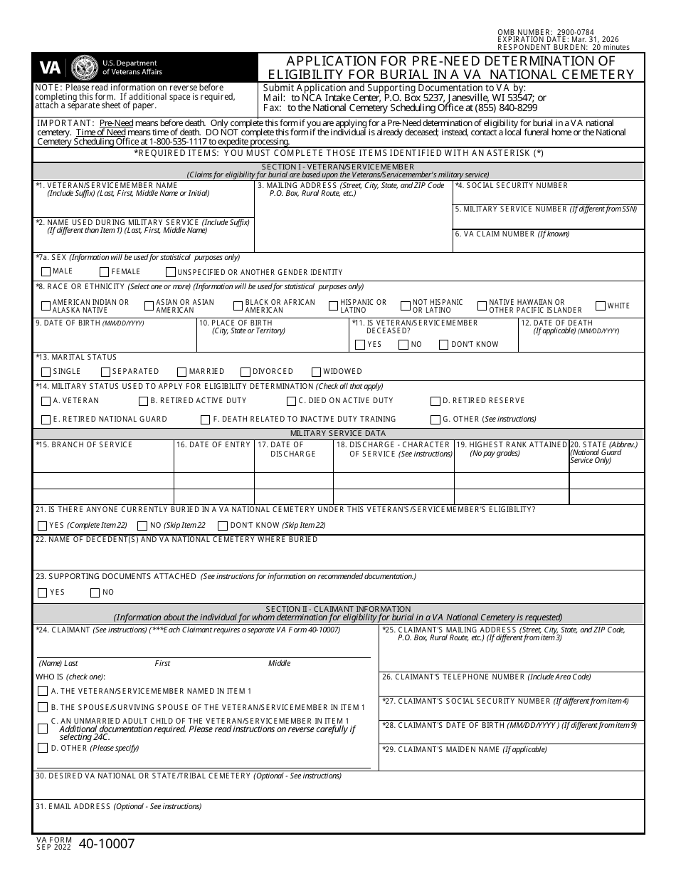 VA Form 40-10007 Application for Pre-need Determination of Eligibility for Burial in a VA National Cemetery, Page 1