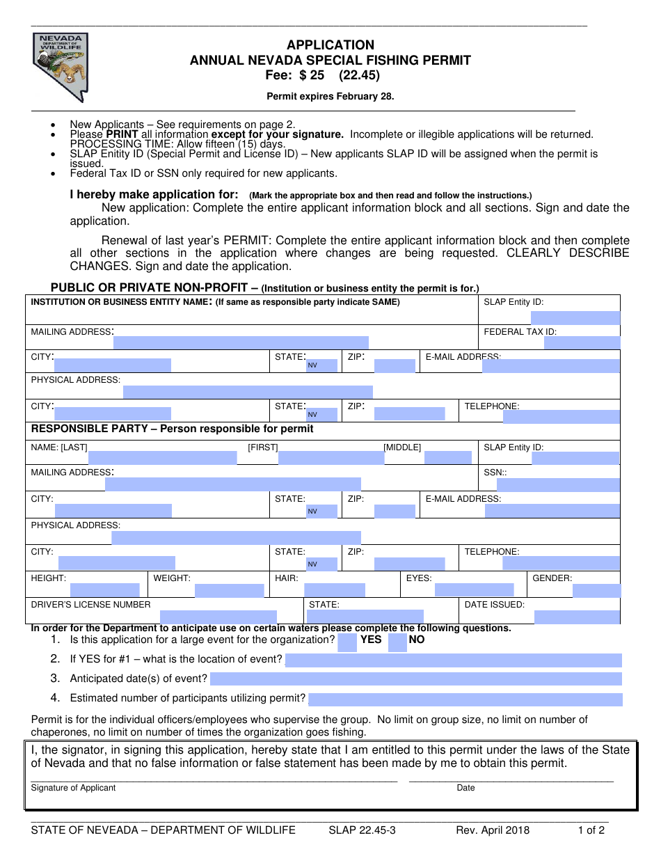 Form SLAP22.45-3 Annual Nevada Special Fishing Permit Application - Nevada, Page 1