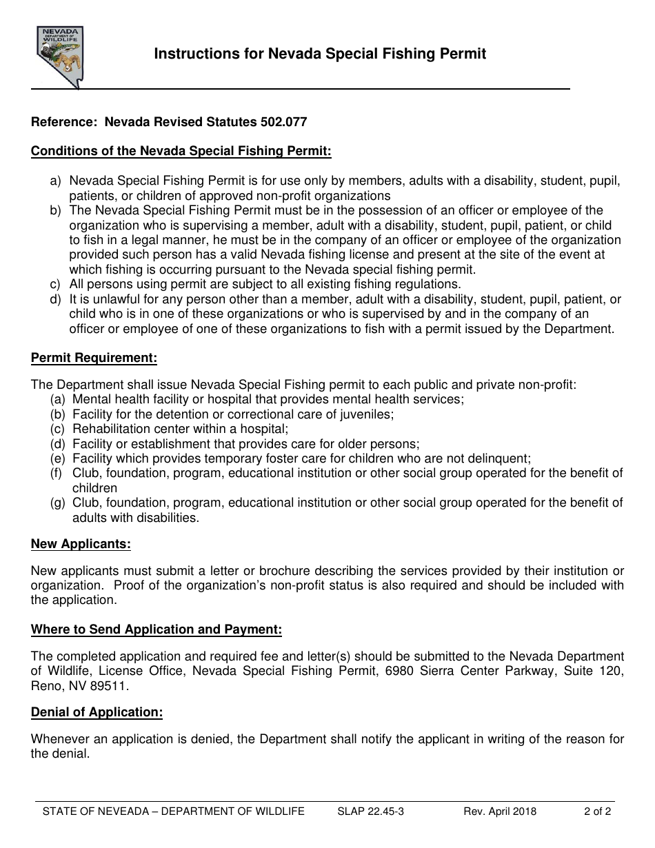 Form SLAP22.45-3 Annual Nevada Special Fishing Permit Application - Nevada, Page 2