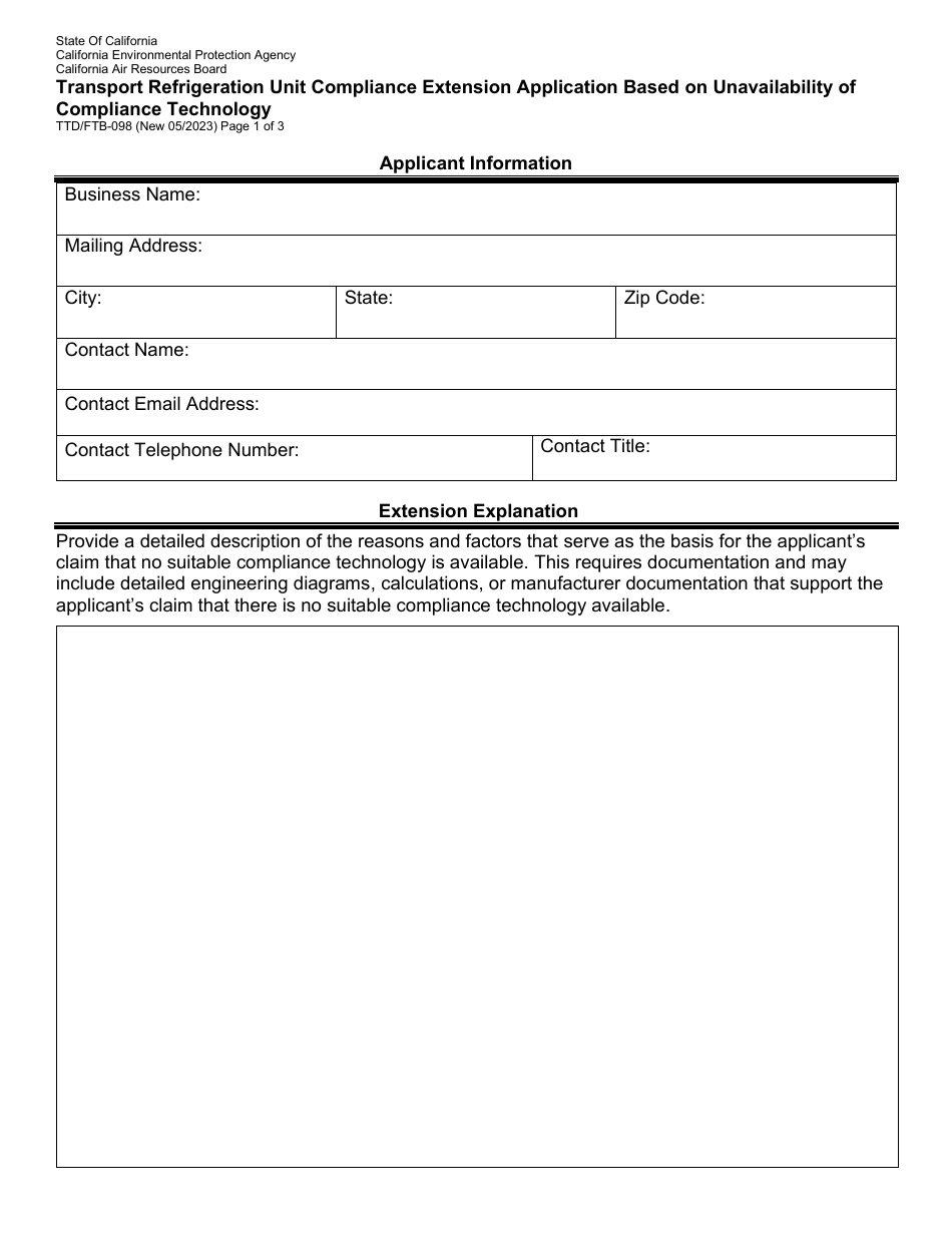 Form TTD / FTB-098 Transport Refrigeration Unit Compliance Extension Application Based on Unavailability of Compliance Technology - California, Page 1