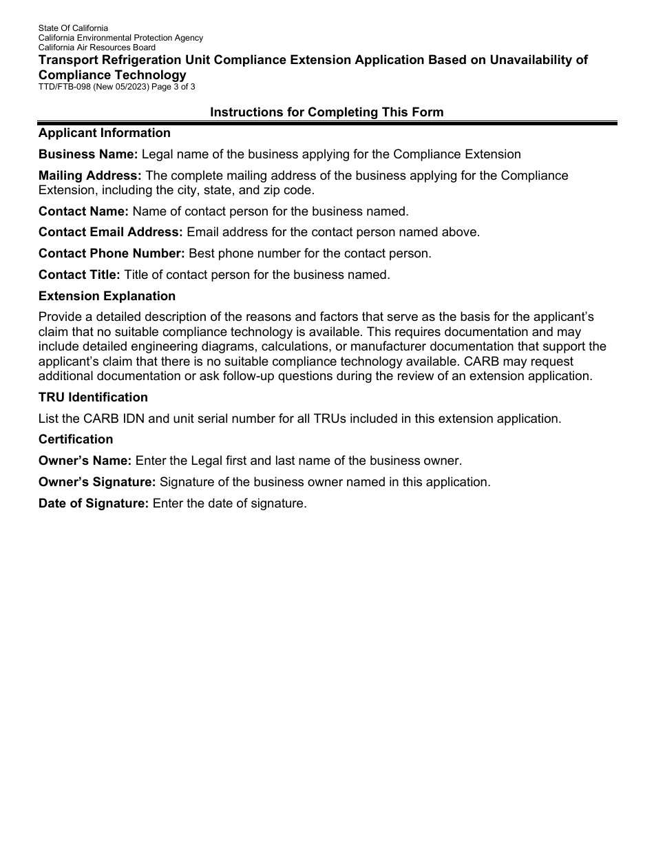 Form TTD / FTB-098 Transport Refrigeration Unit Compliance Extension Application Based on Unavailability of Compliance Technology - California, Page 3