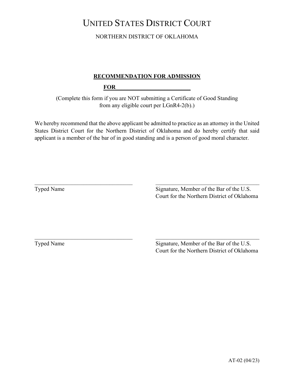 Form AT-02 Recommendation for Admission - Oklahoma, Page 1