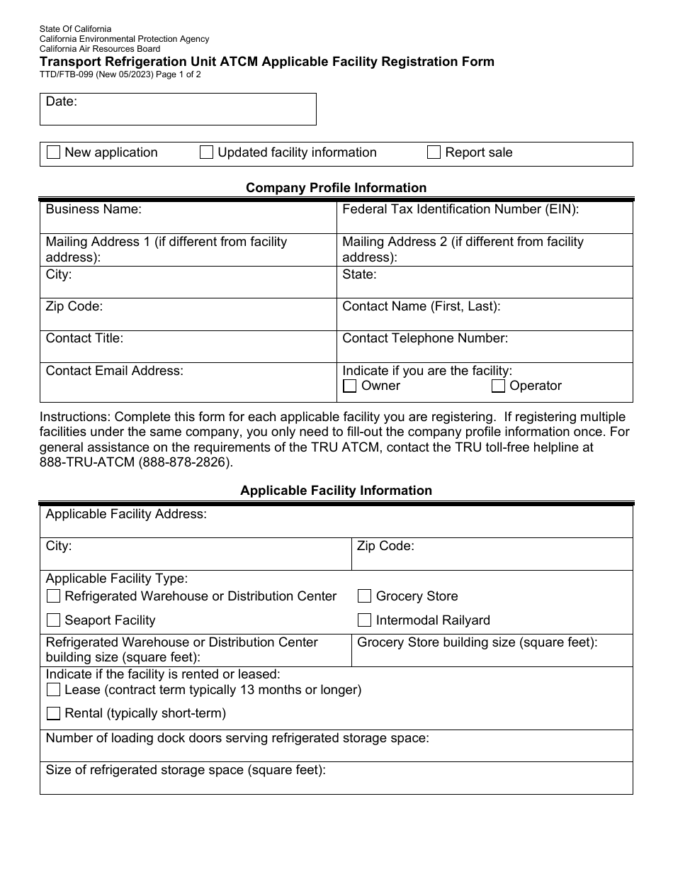 Form TTD / FTB-099 Transport Refrigeration Unit Atcm Applicable Facility Registration Form - California, Page 1