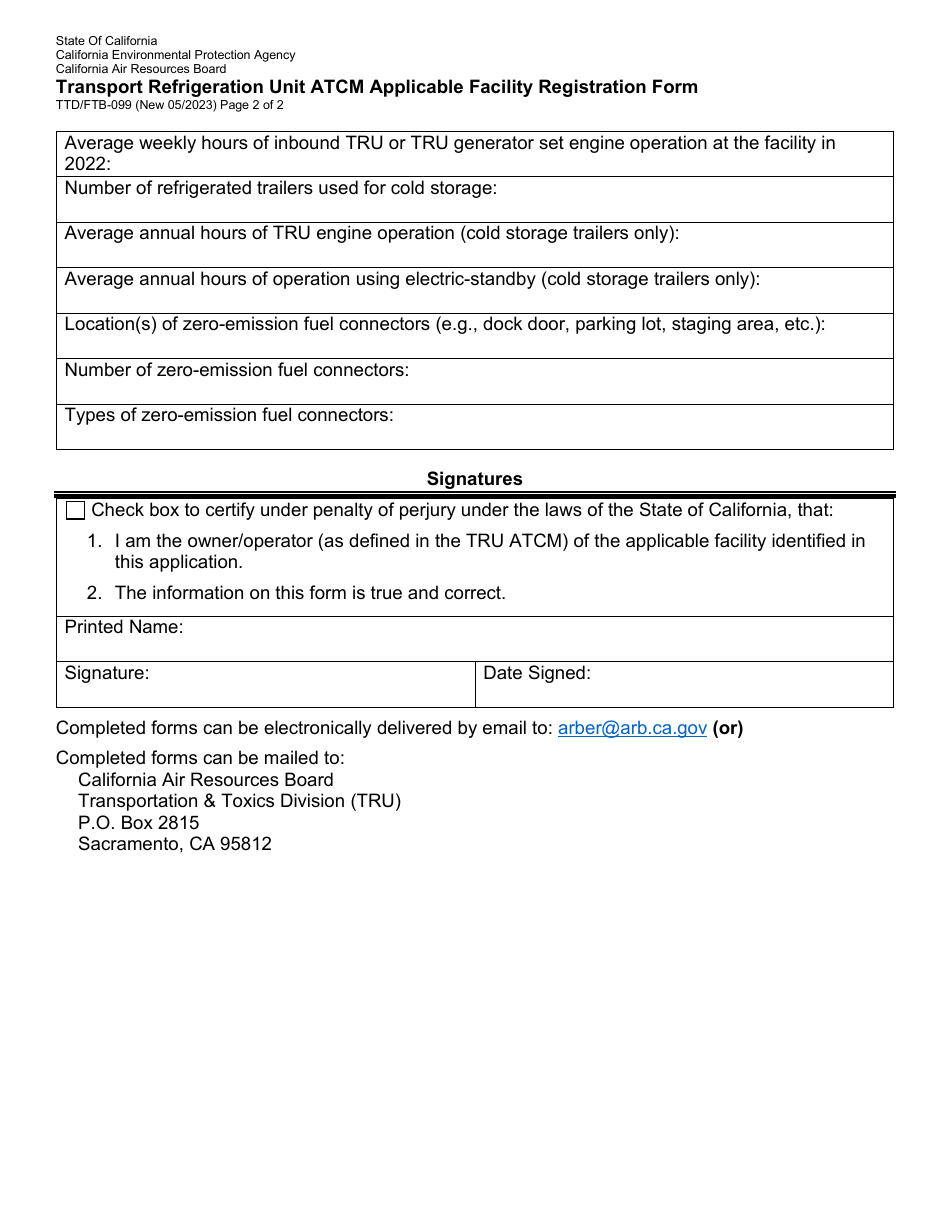 Form TTD / FTB-099 Transport Refrigeration Unit Atcm Applicable Facility Registration Form - California, Page 2