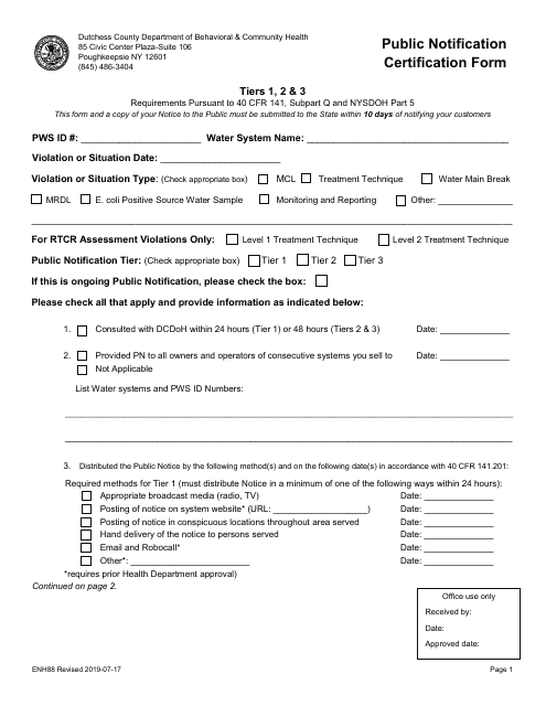 Form ENH88 Public Notification Certification Form - Dutchess County, New York
