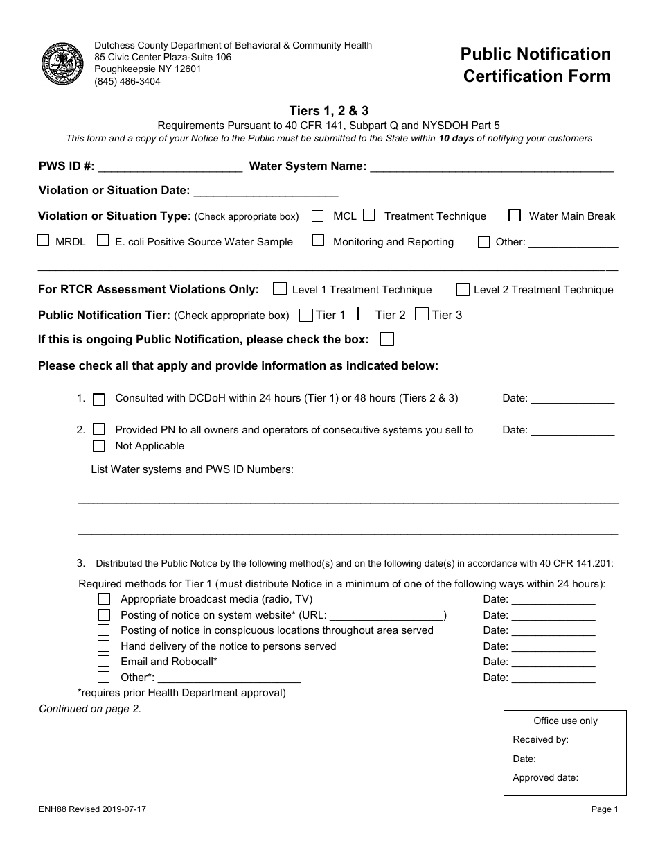 Form ENH88 Public Notification Certification Form - Dutchess County, New York, Page 1