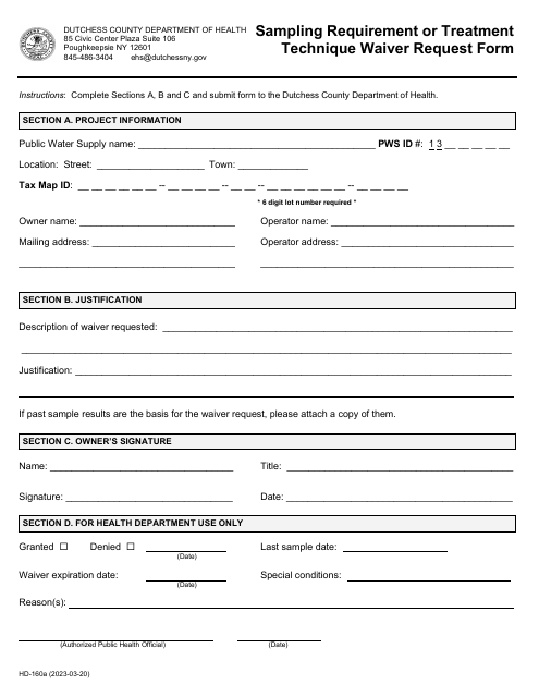 Form HD-160A Sampling Requirement or Treatment Technique Waiver Request Form - Dutchess County, New York