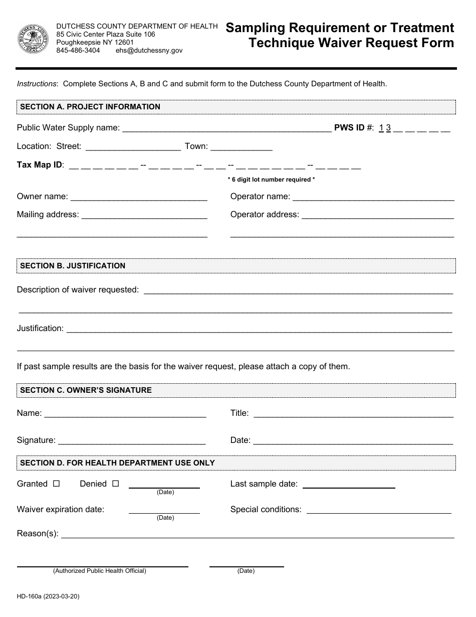 Form HD-160A Sampling Requirement or Treatment Technique Waiver Request Form - Dutchess County, New York, Page 1