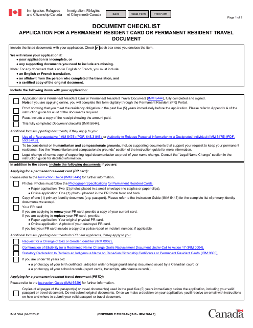 Form IMM5644 Document Checklist - Application for a Permanent Resident Card or Permanent Resident Travel Document - Canada