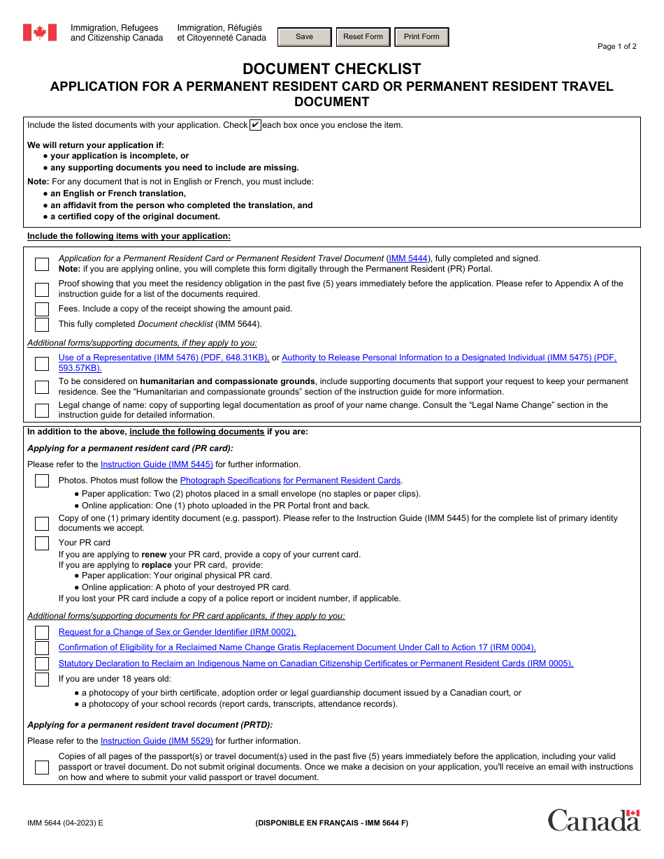 Form IMM5644 Document Checklist - Application for a Permanent Resident Card or Permanent Resident Travel Document - Canada, Page 1