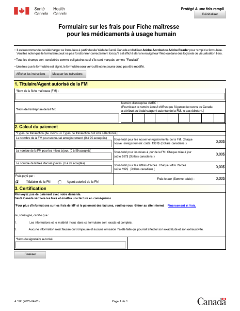 Forme 4.19F Formulaire Sur Les Frais Pour Fiche Maitresse Pour Les Medicaments a Usage Humain - Canada (French)