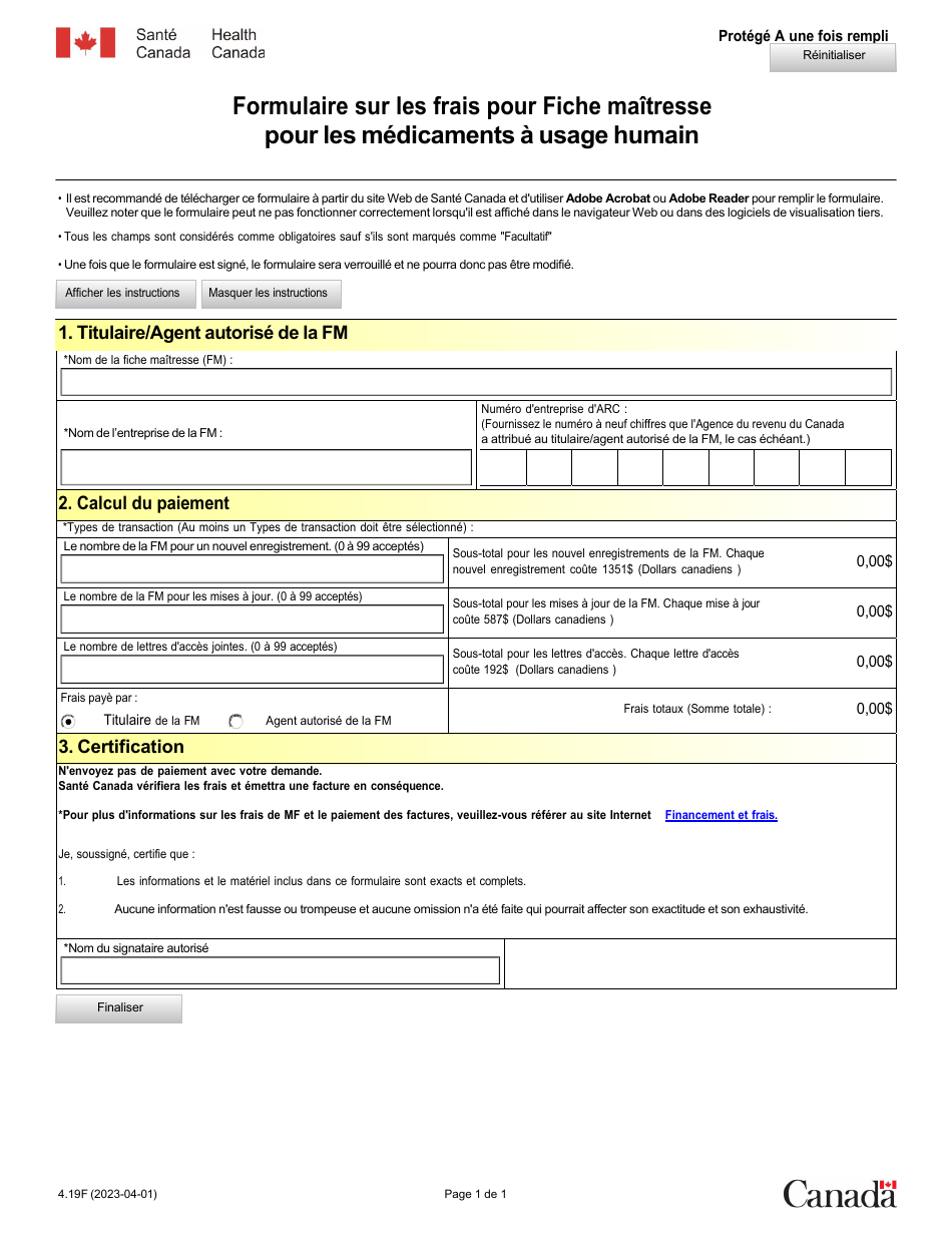 Forme 4.19F Formulaire Sur Les Frais Pour Fiche Maitresse Pour Les Medicaments a Usage Humain - Canada (French), Page 1