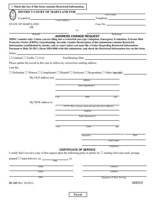 Form DC-065 Address Change Request - Maryland