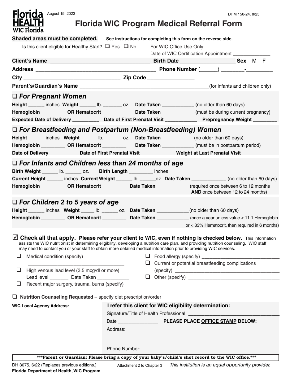 Form DHM150-24 Florida Wic Program Medical Referral Form - Florida, Page 1
