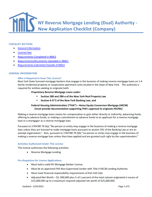 New Application Checklist (Company) - Ny Reverse Mortgage Lending (Dual) Authority - New York Download Pdf