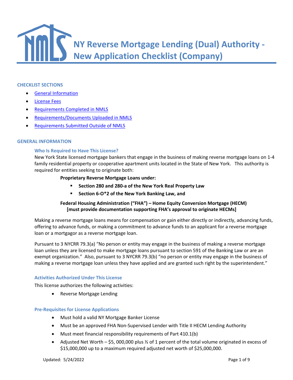New Application Checklist (Company) - Ny Reverse Mortgage Lending (Dual) Authority - New York, Page 1