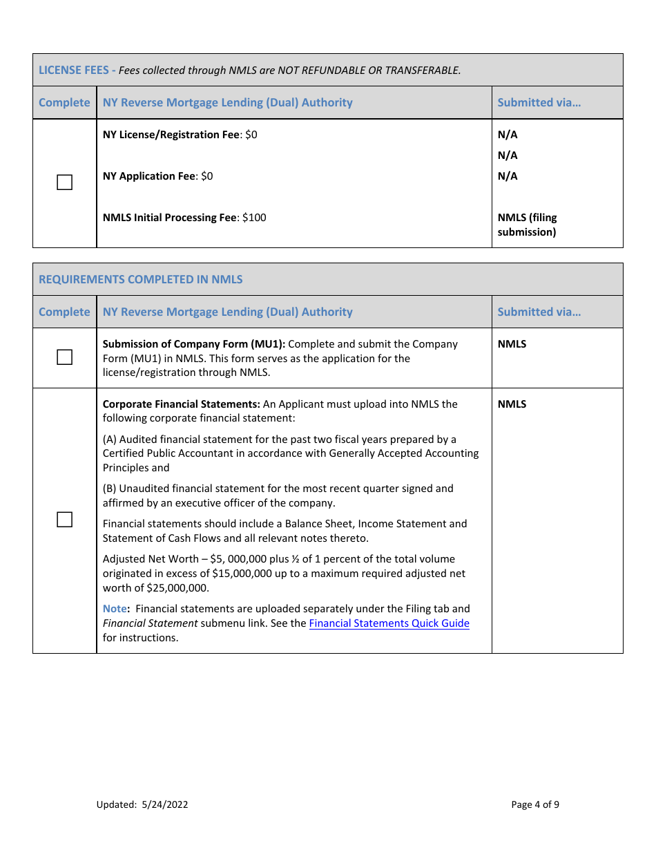 New Application Checklist (Company) - Ny Reverse Mortgage Lending (Dual) Authority - New York, Page 4
