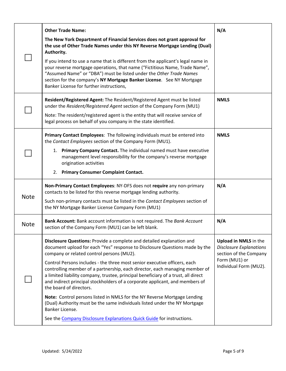New Application Checklist (Company) - Ny Reverse Mortgage Lending (Dual) Authority - New York, Page 5
