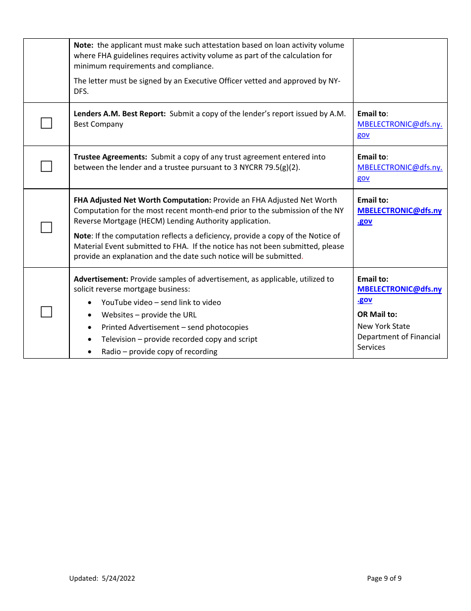 New Application Checklist (Company) - Ny Reverse Mortgage Lending (Dual) Authority - New York, Page 9