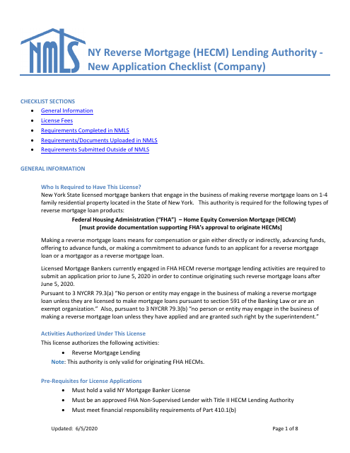New Application Checklist (Company) - Ny Reverse Mortgage (Hecm) Lending Authority - New York Download Pdf
