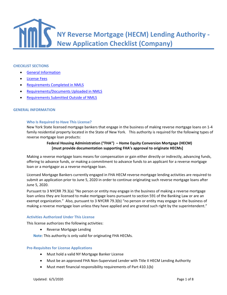 New Application Checklist (Company) - Ny Reverse Mortgage (Hecm) Lending Authority - New York, Page 1