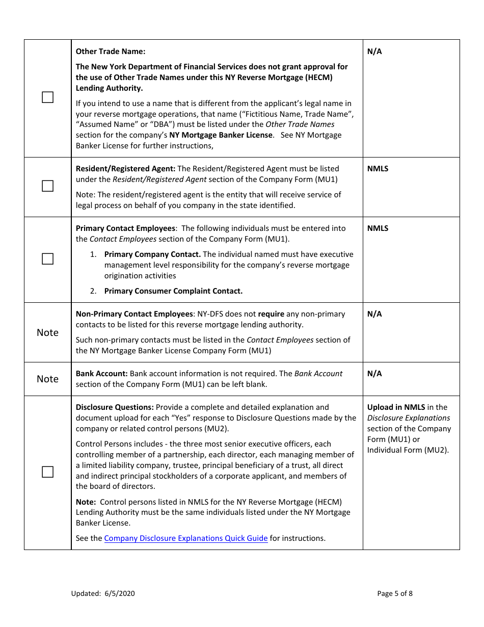 New Application Checklist (Company) - Ny Reverse Mortgage (Hecm) Lending Authority - New York, Page 5