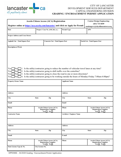 Form DPW000E Grading/Encroachment Permit Application - City of Lancaster, California