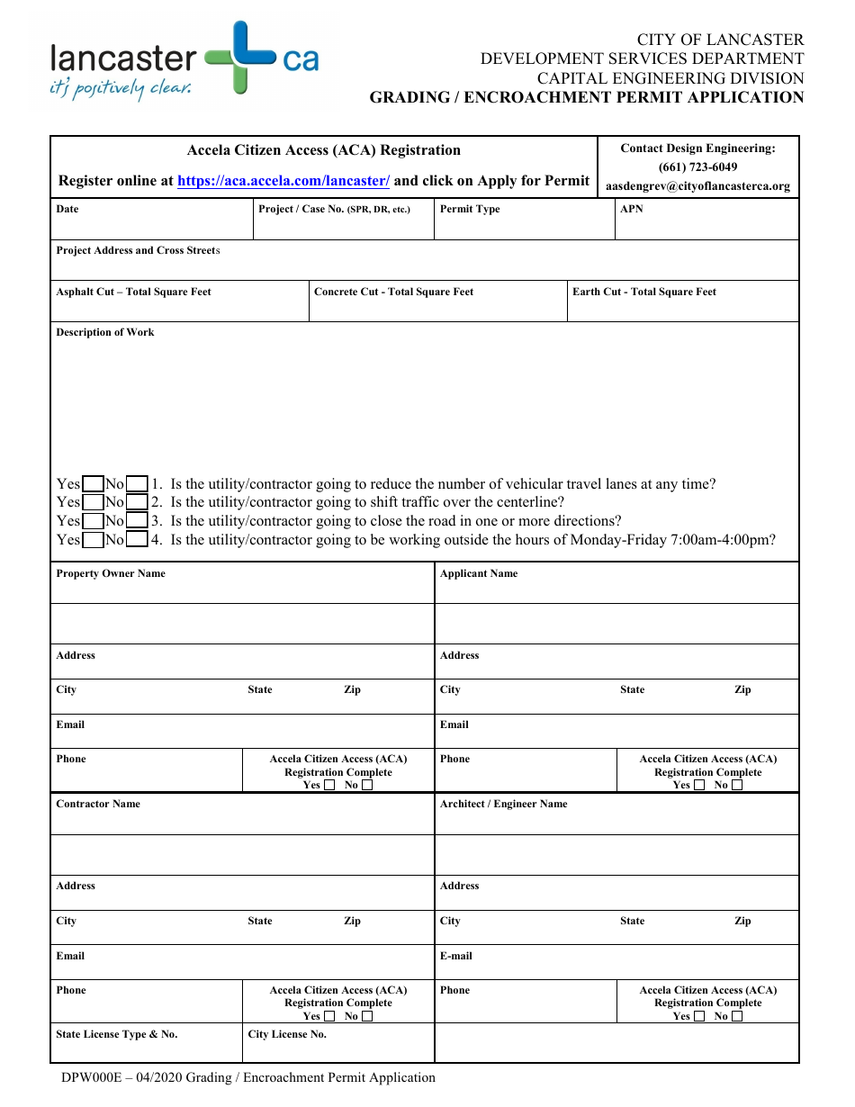 Form DPW000E Grading / Encroachment Permit Application - City of Lancaster, California, Page 1