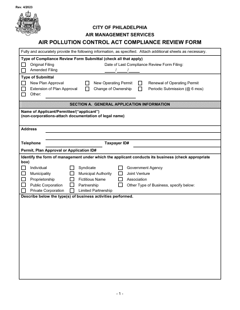 Air Pollution Control Act Compliance Review Form - City of Philadelphia, Pennsylvania