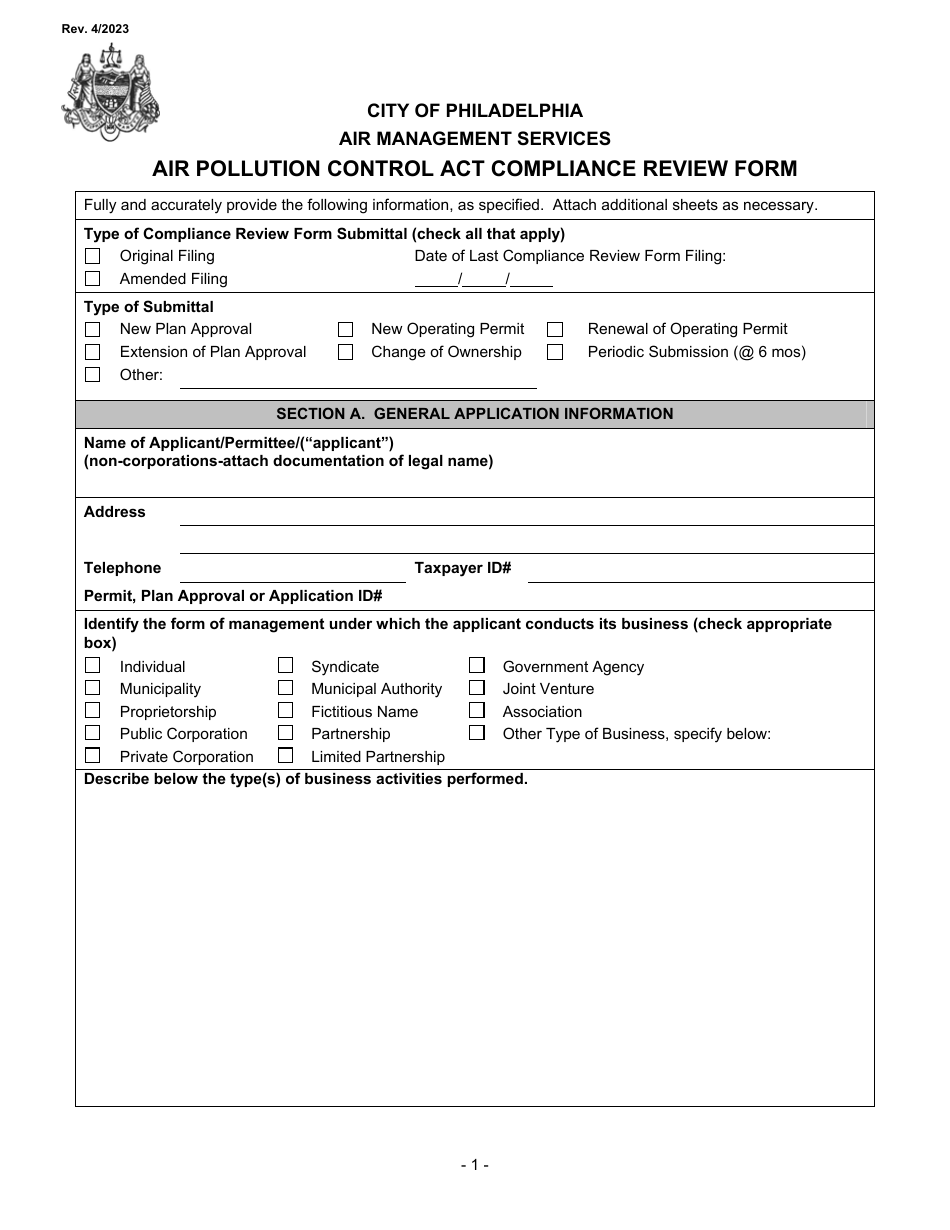 City of Philadelphia, Pennsylvania Air Pollution Control Act Compliance Review Form Download