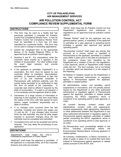 Instructions for Air Pollution Control Act Compliance Review Supplemental Form - City of Philadelphia, Pennsylvania Download Pdf