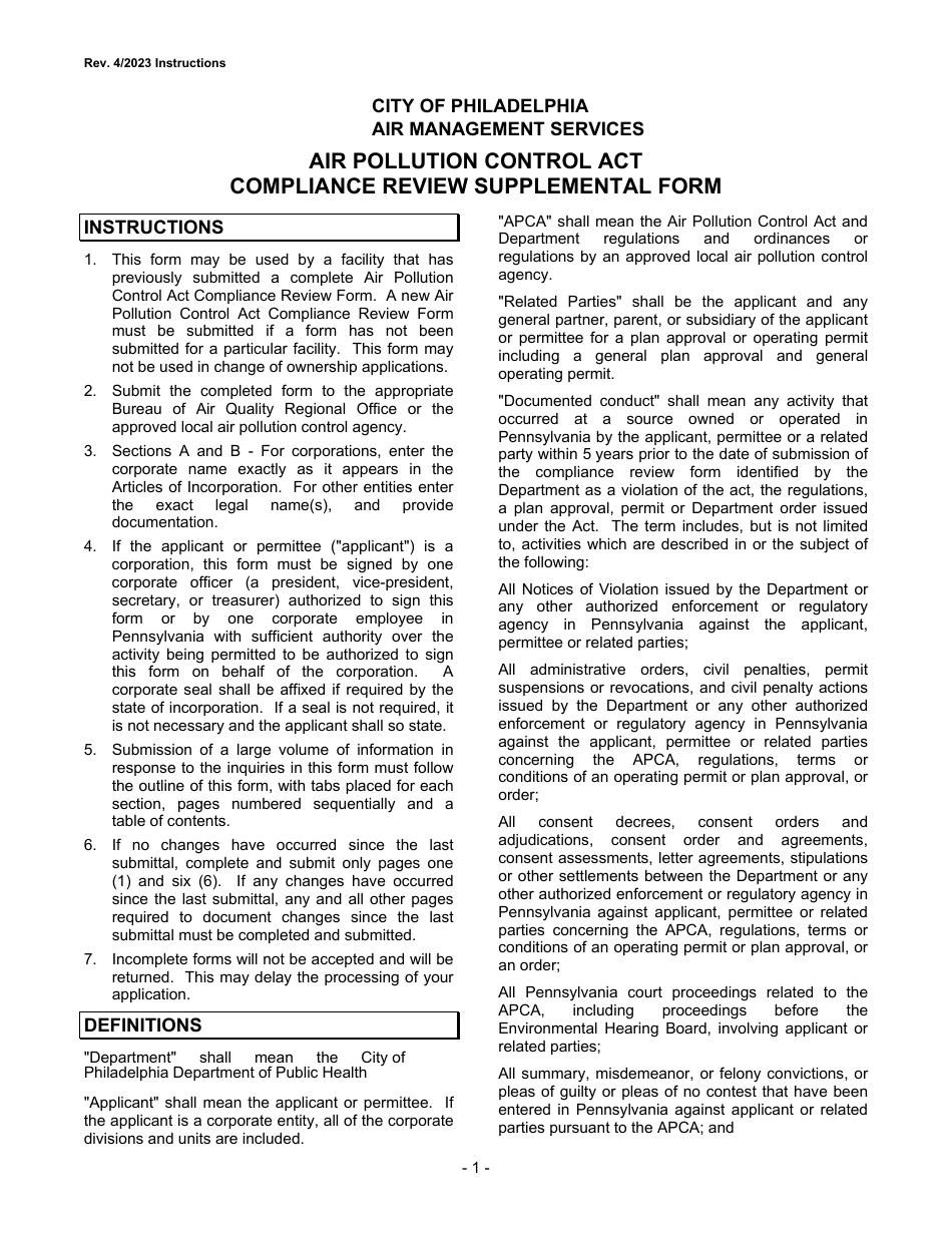 Instructions for Air Pollution Control Act Compliance Review Supplemental Form - City of Philadelphia, Pennsylvania, Page 1