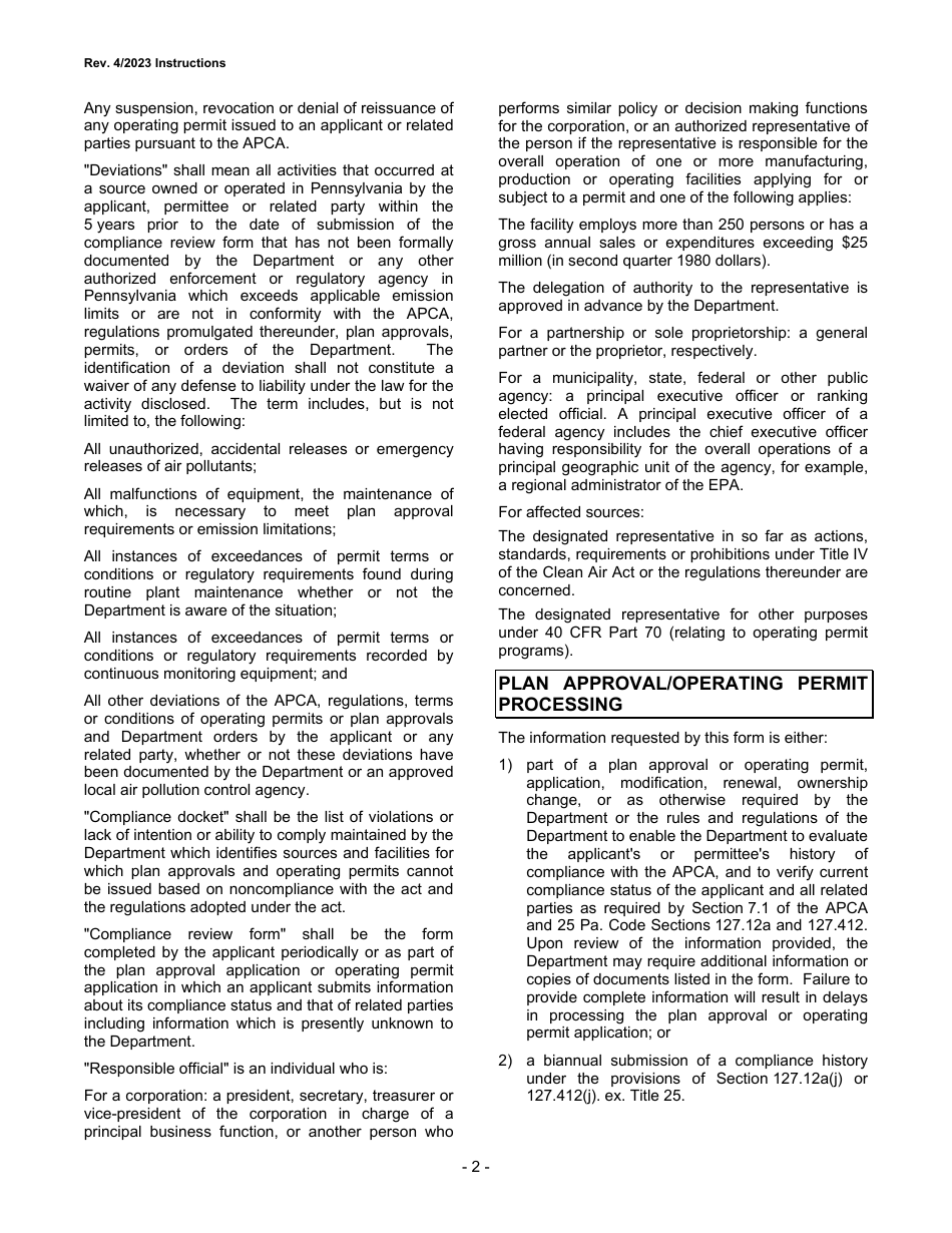 Instructions for Air Pollution Control Act Compliance Review Supplemental Form - City of Philadelphia, Pennsylvania, Page 2