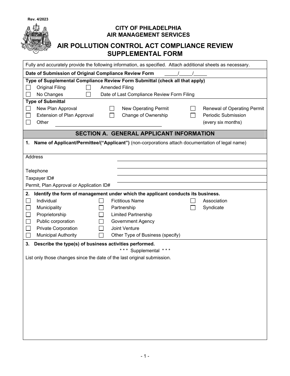 Air Pollution Control Act Compliance Review Supplemental Form - City of Philadelphia, Pennsylvania, Page 1