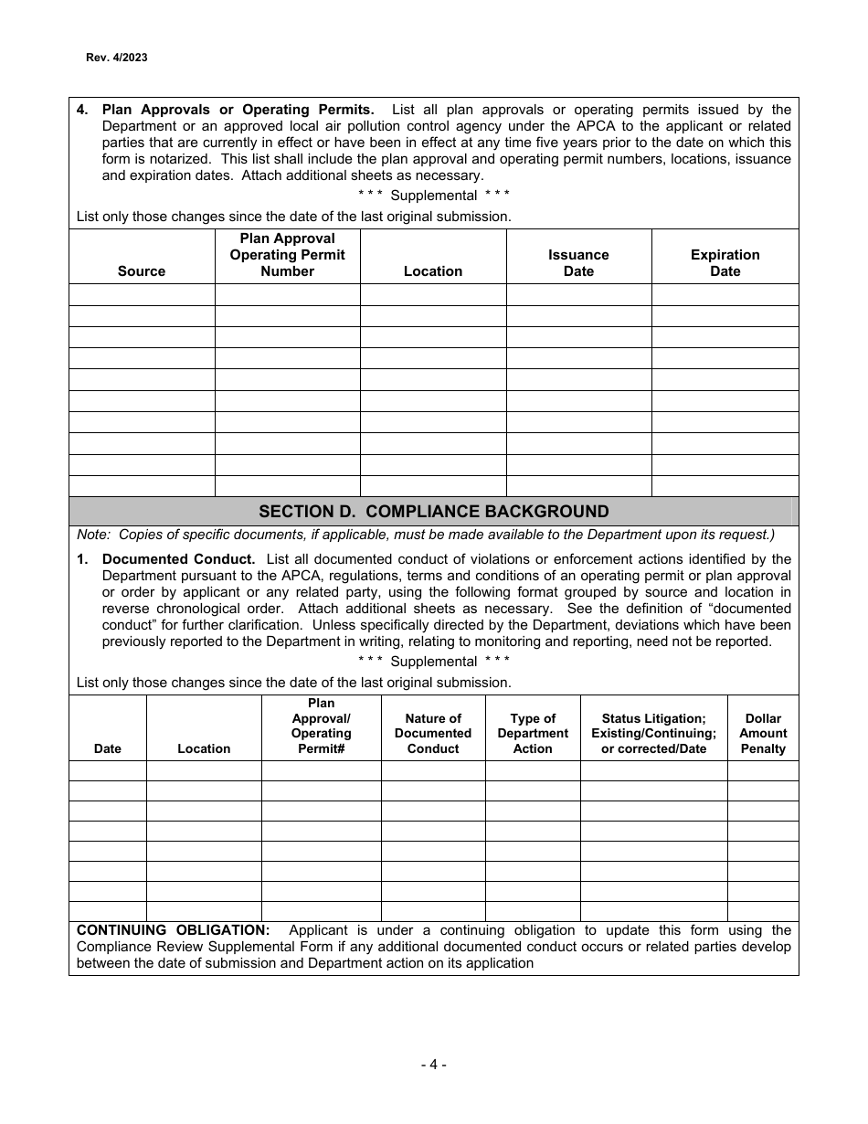 Air Pollution Control Act Compliance Review Supplemental Form - City of Philadelphia, Pennsylvania, Page 4