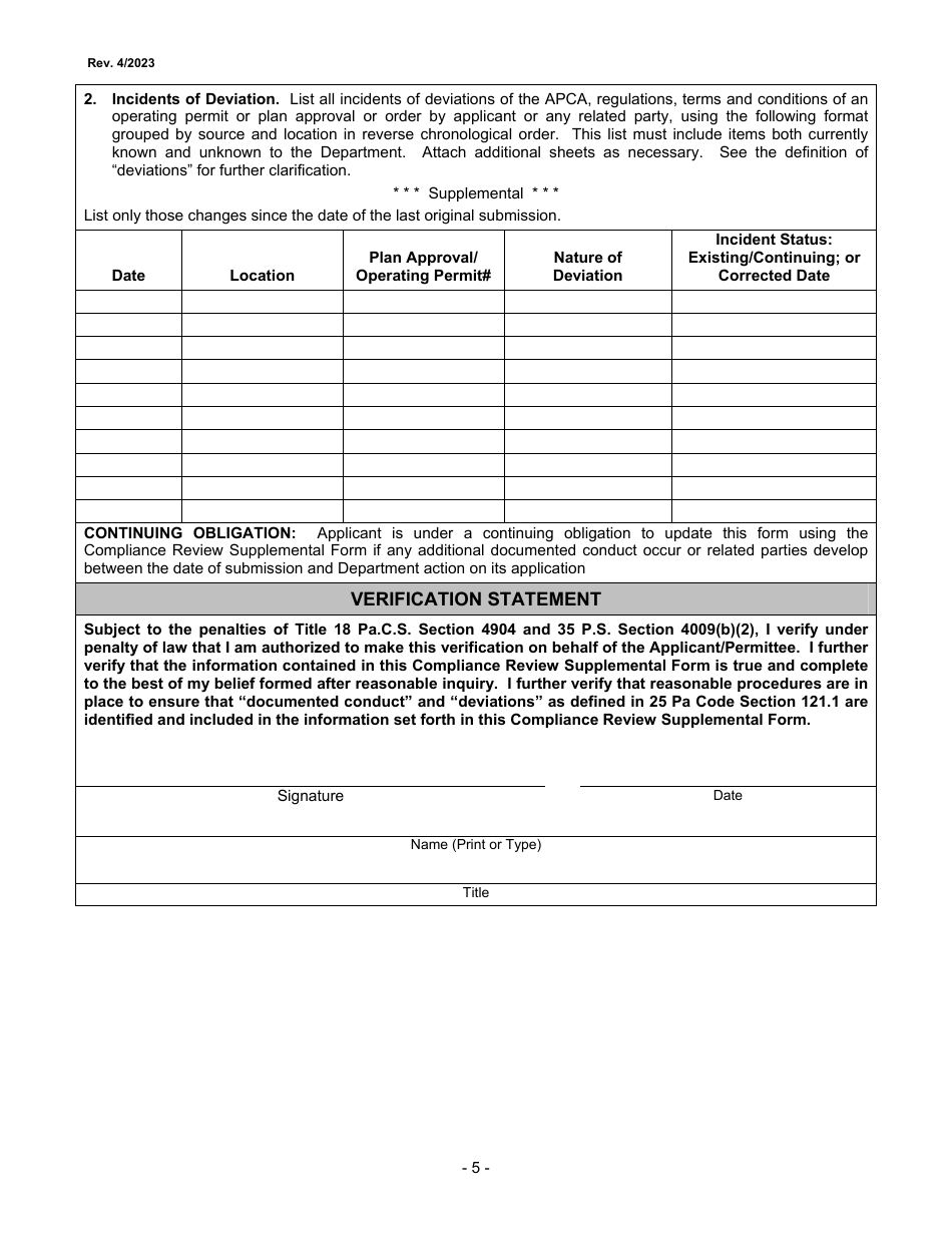 Air Pollution Control Act Compliance Review Supplemental Form - City of Philadelphia, Pennsylvania, Page 5