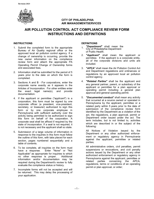 Instructions for Air Pollution Control Act Compliance Review Form - City of Philadelphia, Pennsylvania Download Pdf