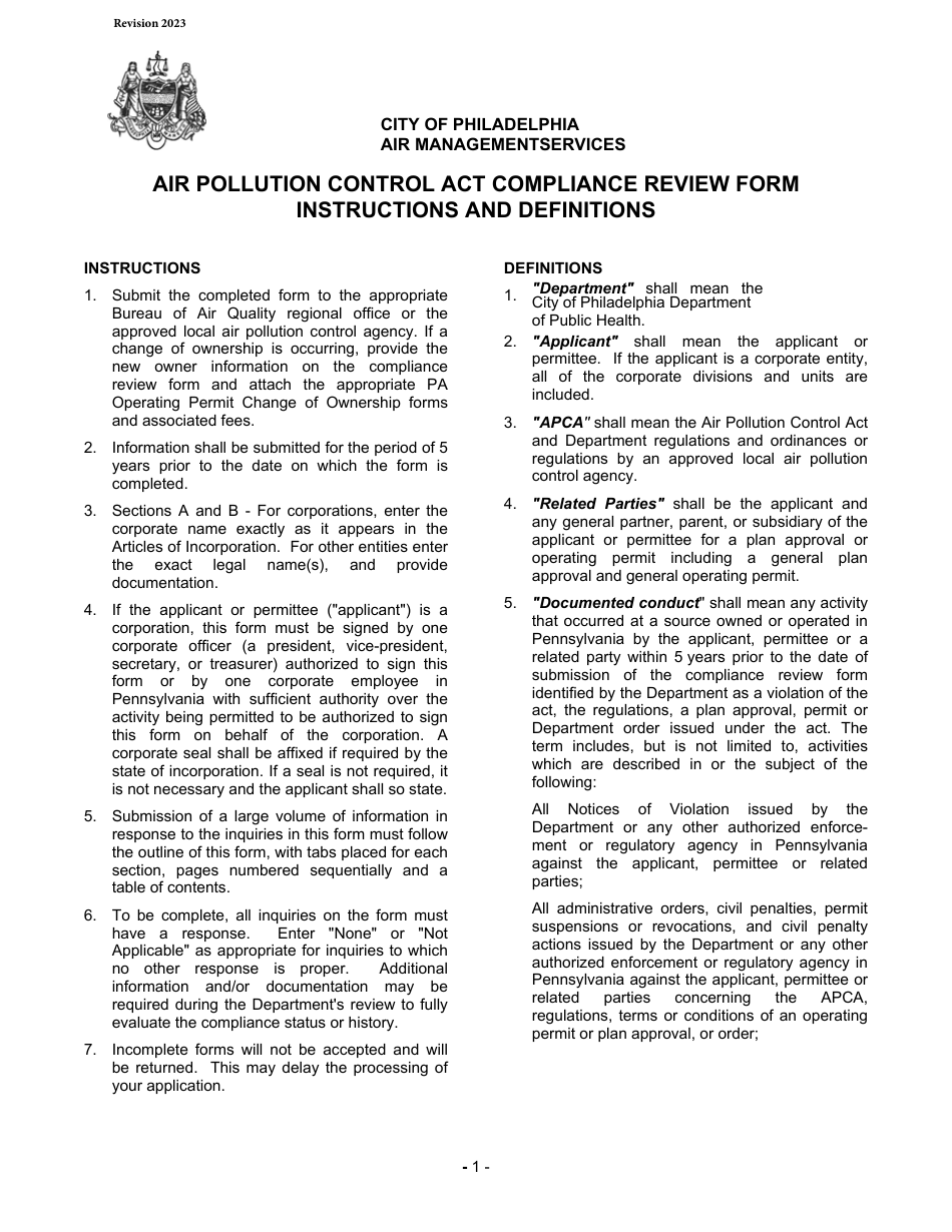Instructions for Air Pollution Control Act Compliance Review Form - City of Philadelphia, Pennsylvania, Page 1