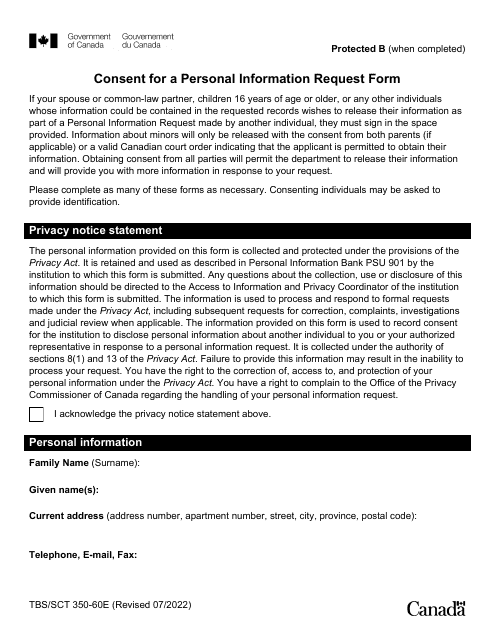 Form TBC/CTC350-60E Consent for a Personal Information Request Form - Canada