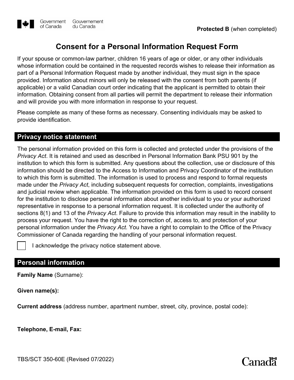 Form TBC / CTC350-60E Consent for a Personal Information Request Form - Canada, Page 1
