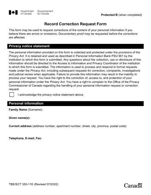 Form TBS/SCT350-11E Record Correction Request Form - Canada