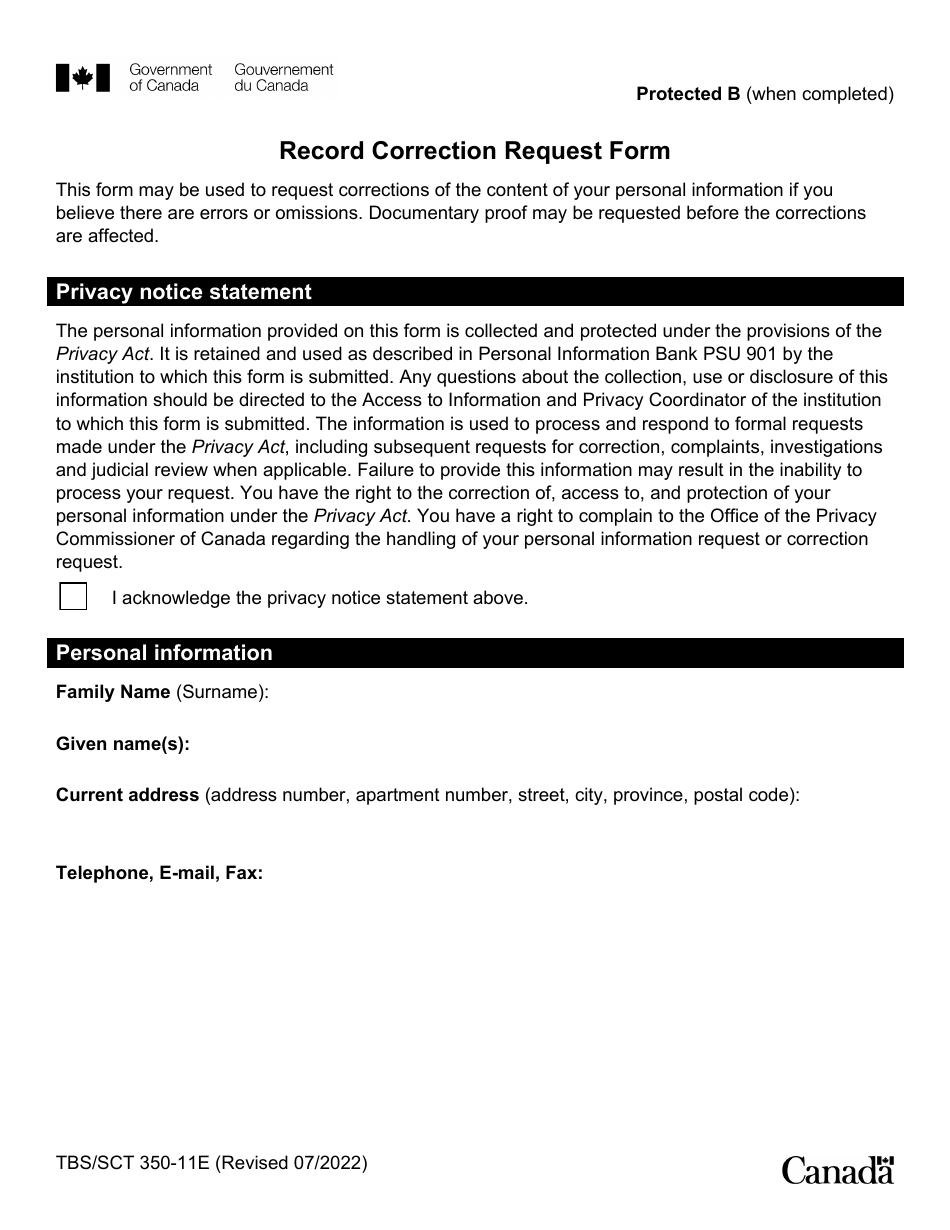 Form TBS / SCT350-11E Record Correction Request Form - Canada, Page 1