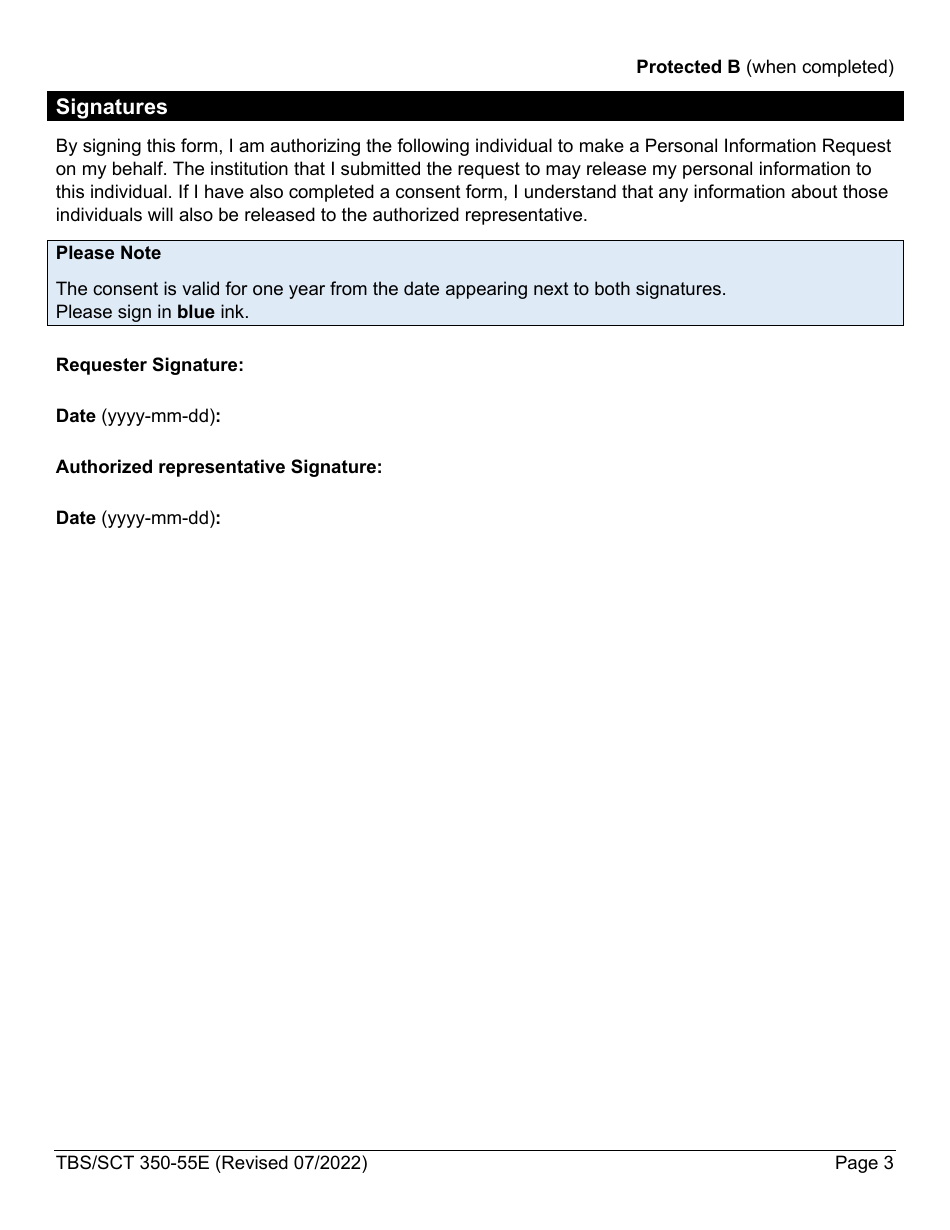 Form TBS / SCT350-55E Authorizing a Personal Information Request to Be Made on Your Behalf Form - Canada, Page 3