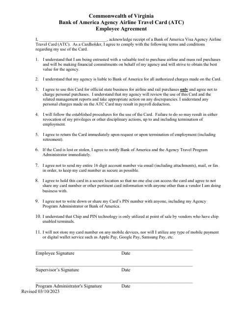 Bank of America Agency Airline Travel Card (Atc) Employee Agreement - Virginia