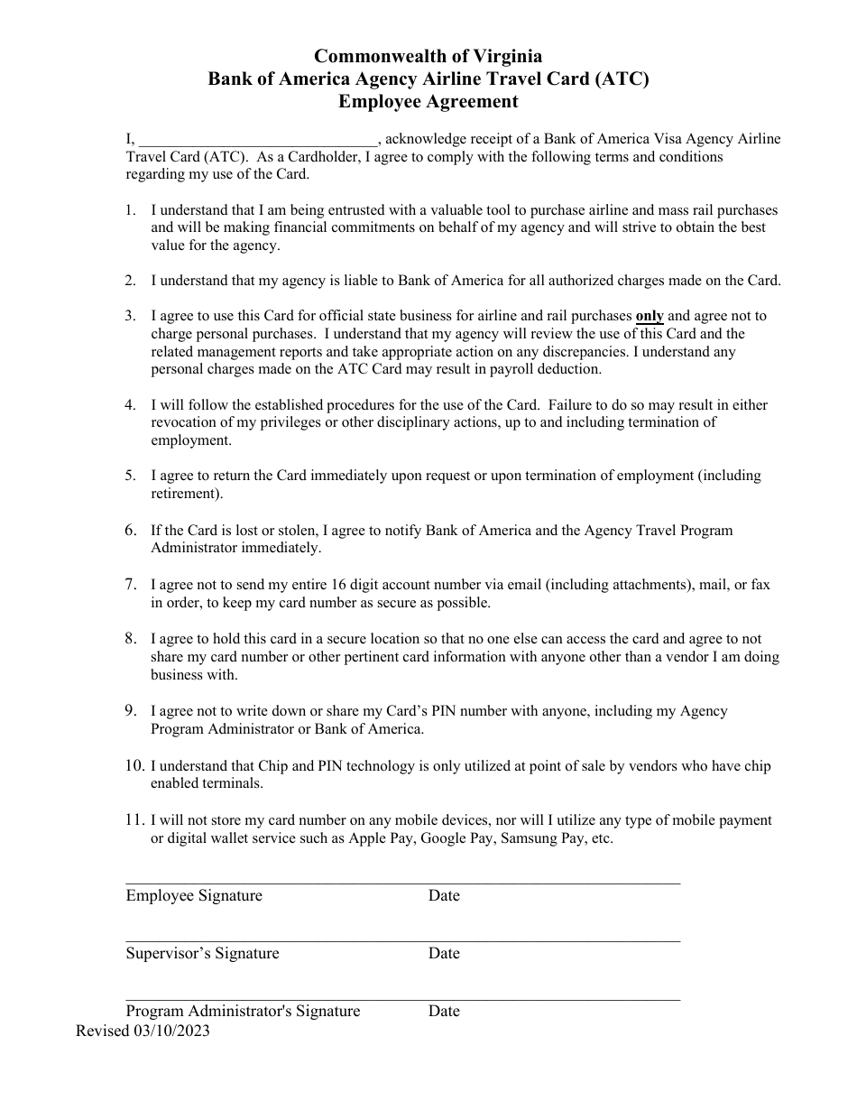 Bank of America Agency Airline Travel Card (Atc) Employee Agreement - Virginia, Page 1