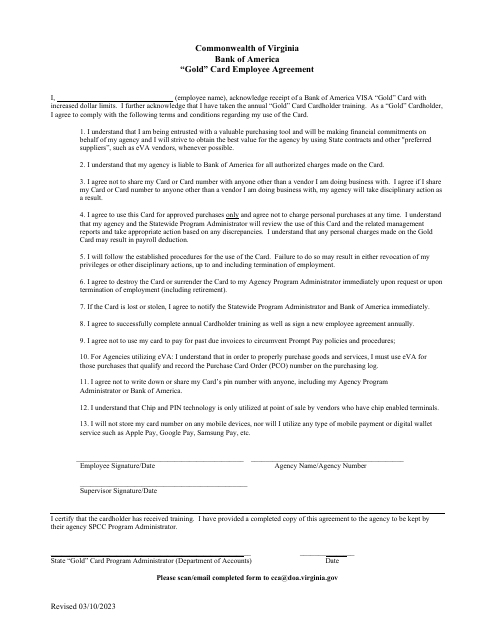 Bank of America Gold Card Employee Agreement - Virginia Download Pdf