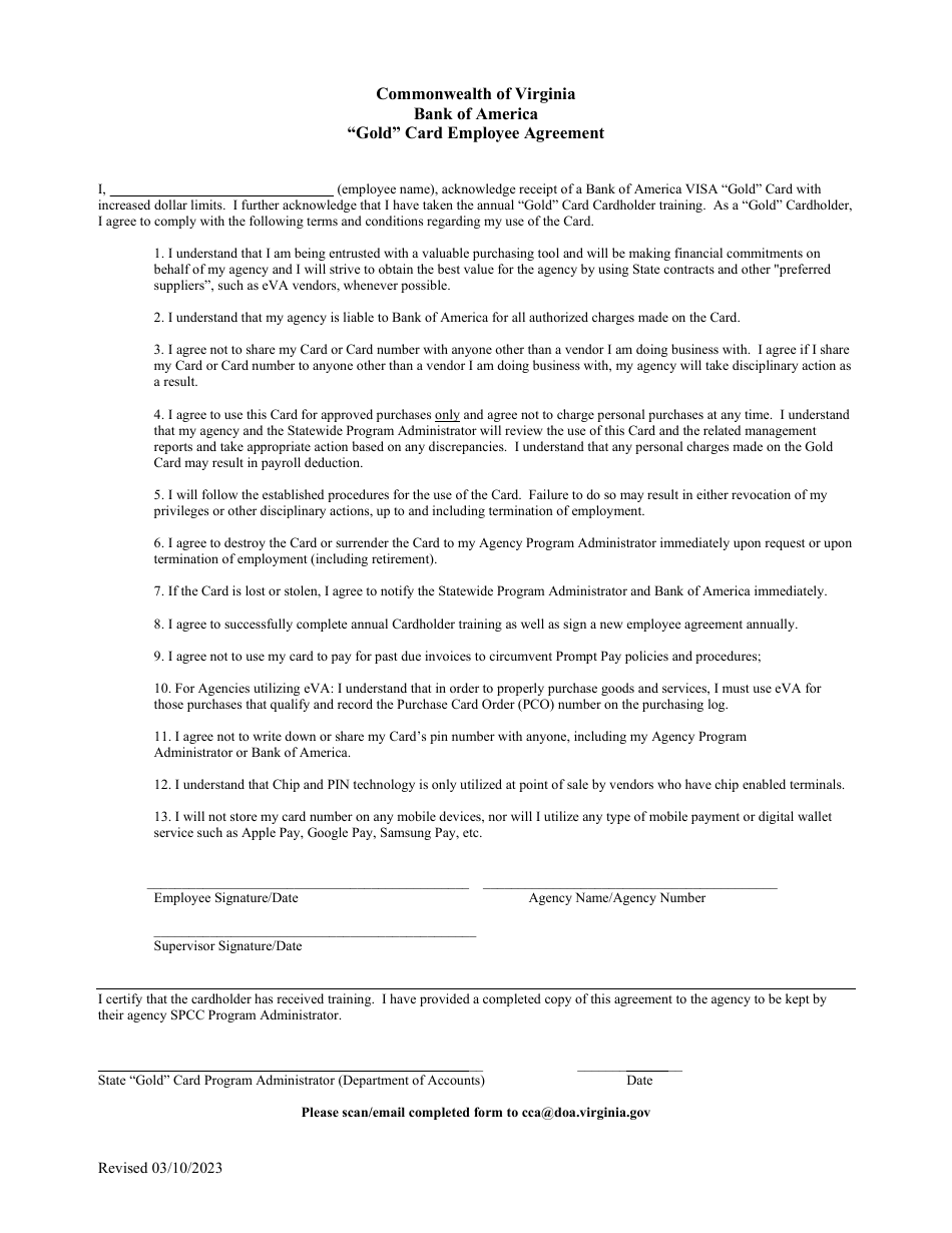 Bank of America Gold Card Employee Agreement - Virginia, Page 1