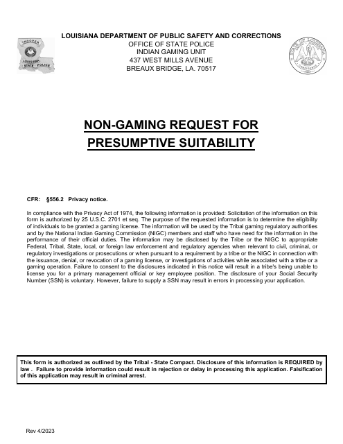 Non-gaming Request for Presumptive Suitability - Louisiana Download Pdf