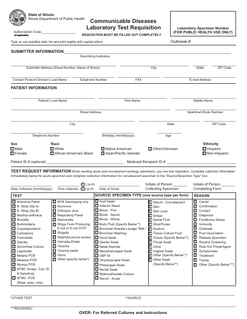 Form IL482-1039 Communicable Diseases Laboratory Test Requisition - Illinois